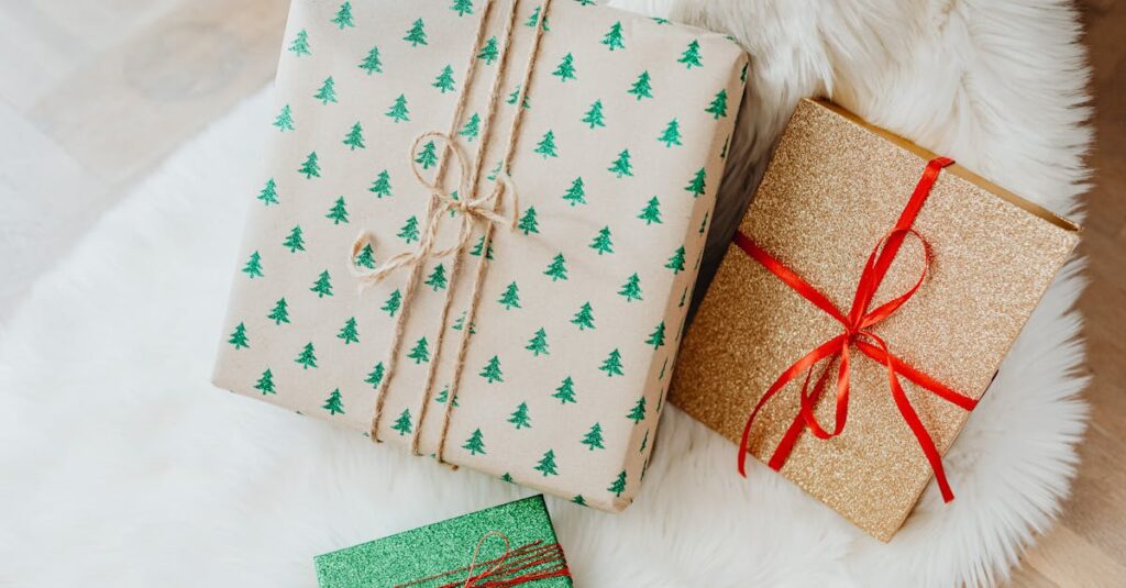 Three festive gift boxes with Christmas-themed wrapping paper, perfect for holiday celebrations.